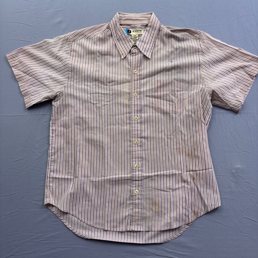 Fink Clothing Mens Vintage 90s Striped Short Sleeve Button Up Shirt Purple Tan M